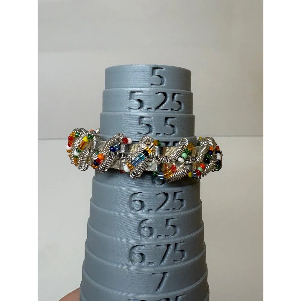 Vintage Silver Tone Wire Wrap Cuff Bracelet Multi Color Seed Beads Industrial